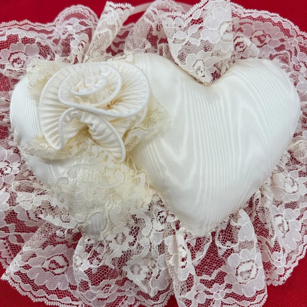 Double Heart‎ Shaped Pillow White Lace Trim Romantic Wedding Accent